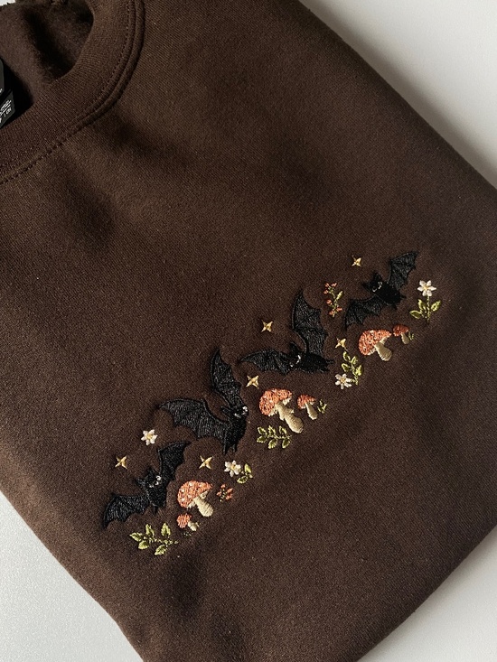 Gildan 18000 Sweaters - Embroidered Bat, Flower, and Mushroom Gildan Sweatshirt